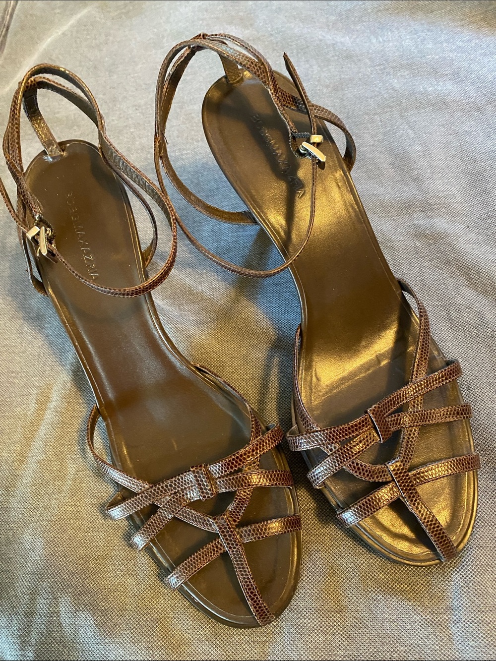 BCBGMaxAzria Leather Brown Strappy Ankle-Wrap Stilettos 10B Office Cocktail